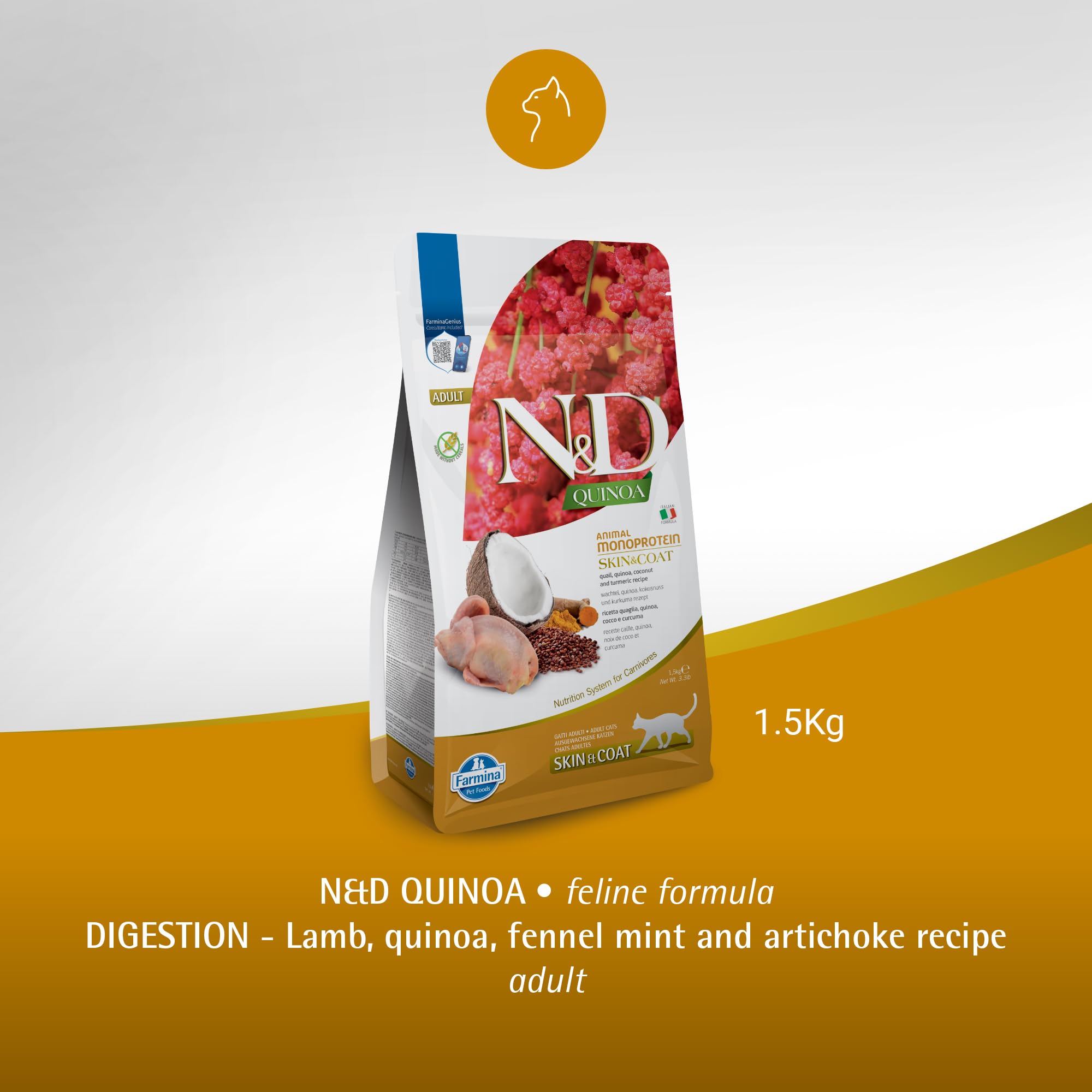 Farmina N&D Skin&Coat ácidos grasos omega-3 y omega-6 para piel suave.
