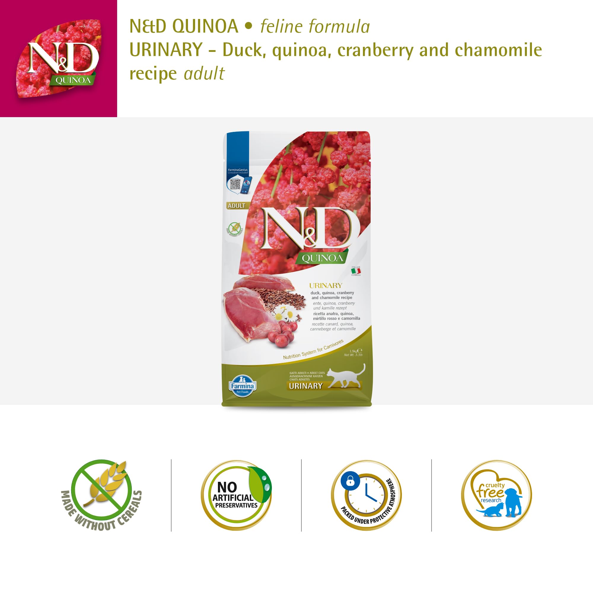 Peso de 3-3 libras de Farmina N&D Quinoa Urinaria Pato.