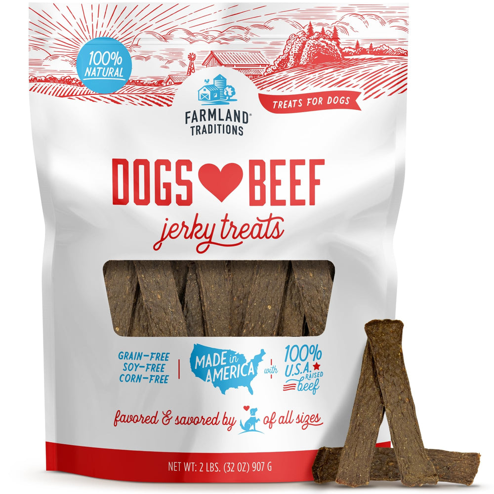 Farmland Traditions jerky de ternera en empaque, snack proteico para entrenar perros