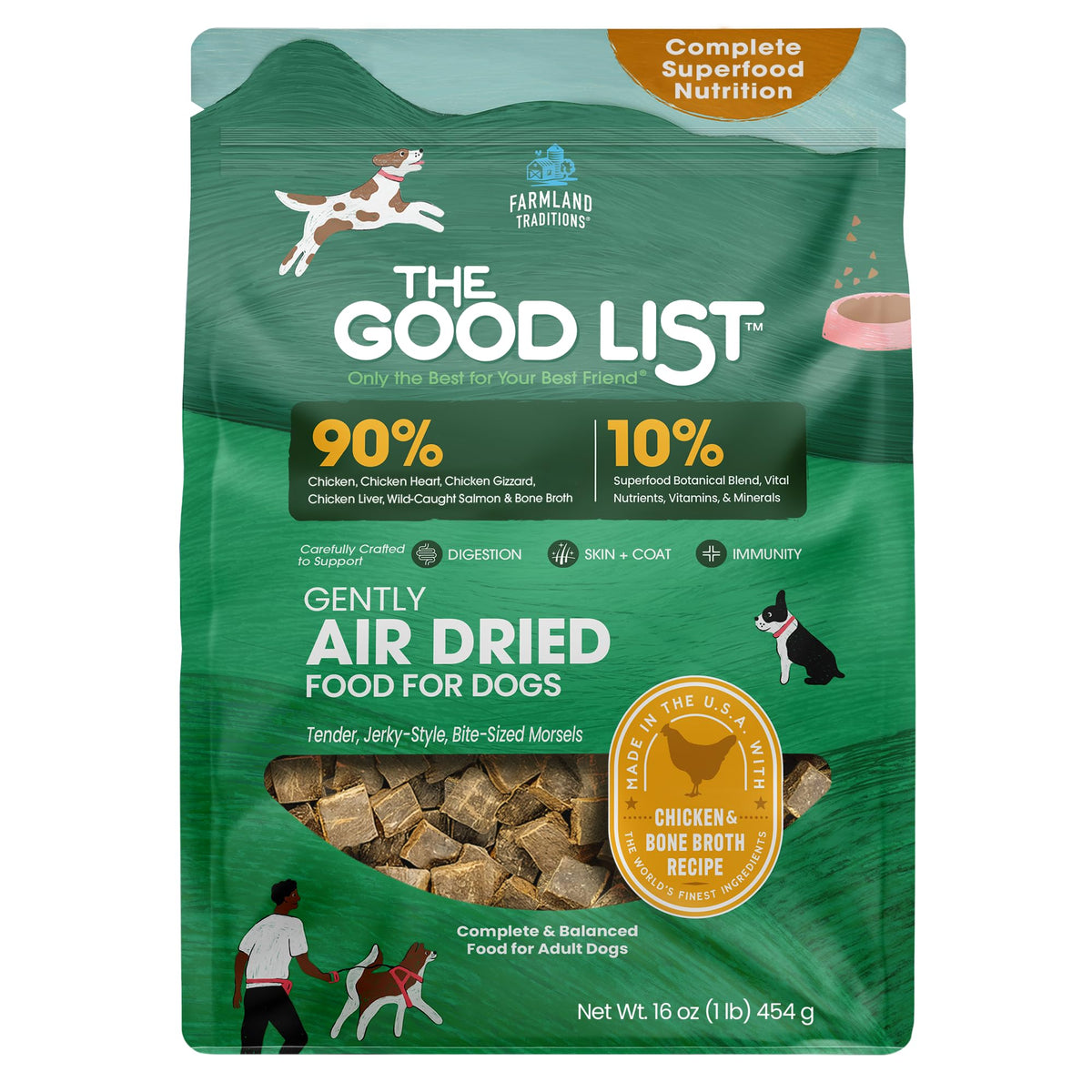 Farmland Traditions The Good List: pollo deshidratado al aire, fuente de proteína para perros activos.