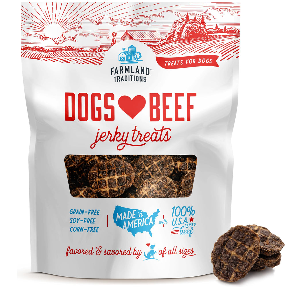 Farmland Traditions jerky para perros, textura suculenta para morder con gusto.