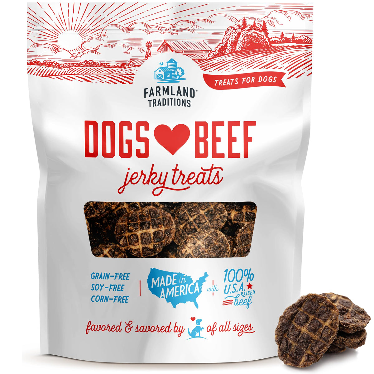 Farmland Traditions jerky para perros, textura suculenta para morder con gusto.