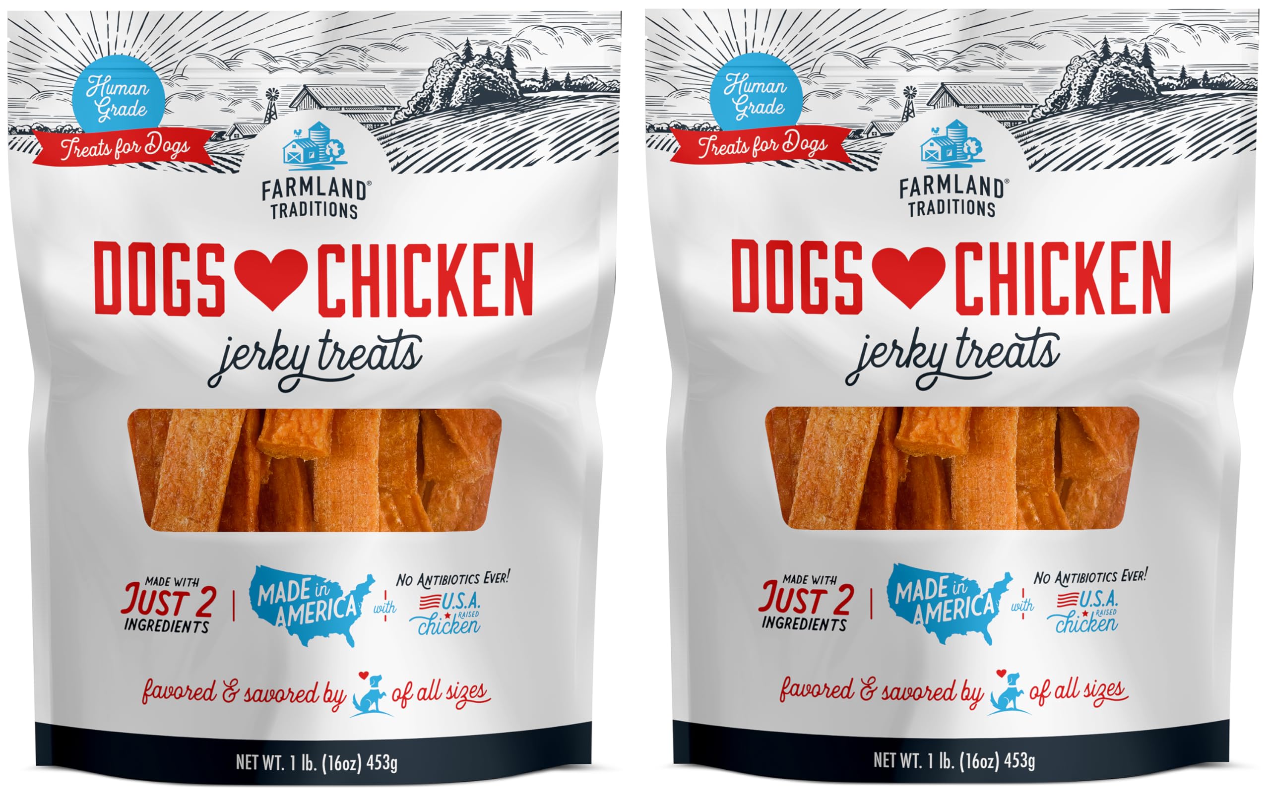 Empaque de Farmland Traditions Jerky de pollo en dos bolsas, ideal para premiar durante el entrenamiento.