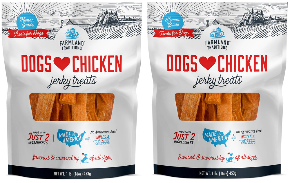 Empaque de Farmland Traditions Jerky de pollo en dos bolsas, ideal para premiar durante el entrenamiento.
