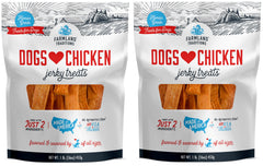 Empaque de Farmland Traditions Jerky de pollo en dos bolsas, ideal para premiar durante el entrenamiento.