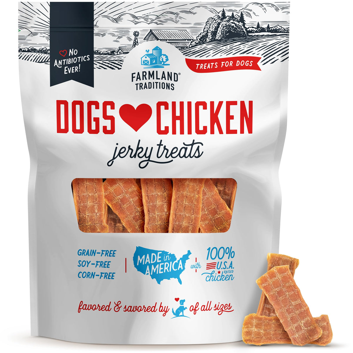Farmland Traditions jerky de pollo, paquete de 3 libras, ideal para recompensas duraderas.