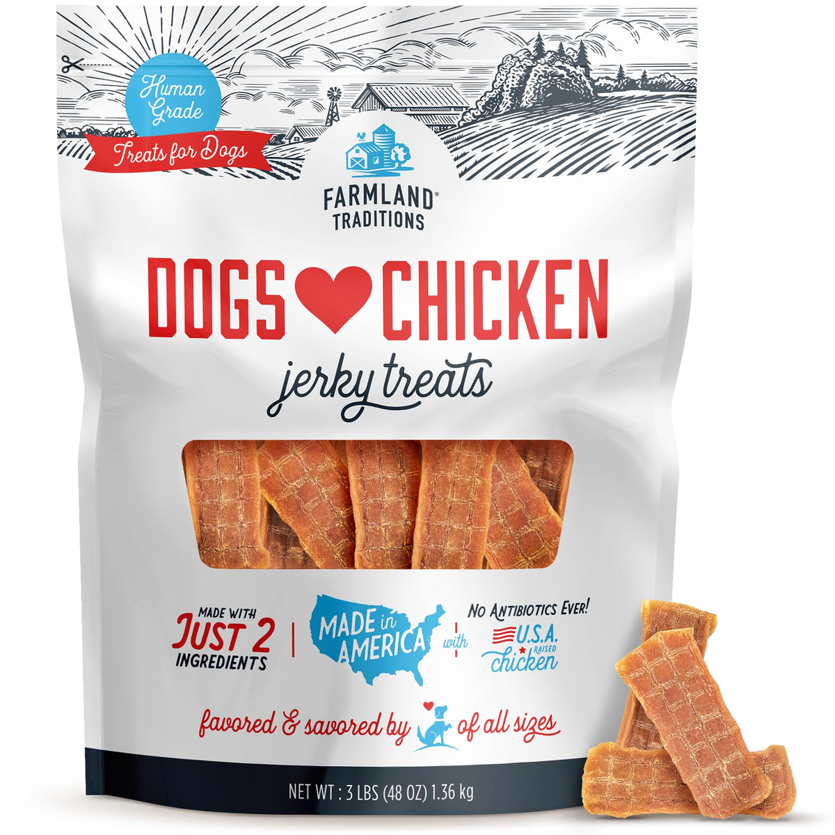 Farmland Traditions paquete jerky pollo 3lb, snack proteico para perros durante entrenamientos.