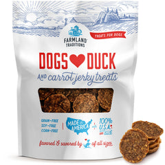 Farmland Traditions tiras pato-zanahoria deshidratadas, premio proteico para perros