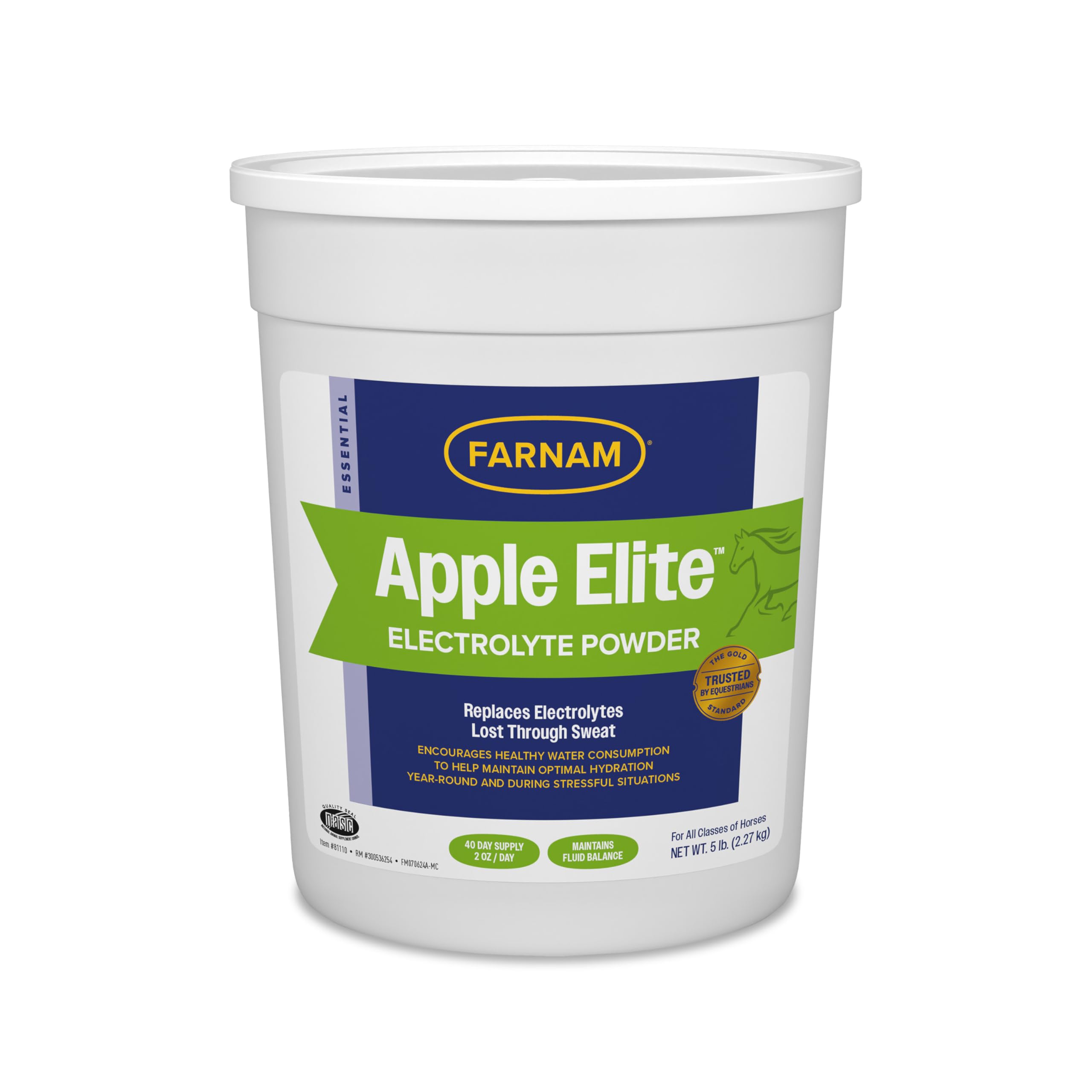 Farnam Apple Elite, polvo de electrolitos, ayuda a hidratar caballos durante el entrenamiento.
