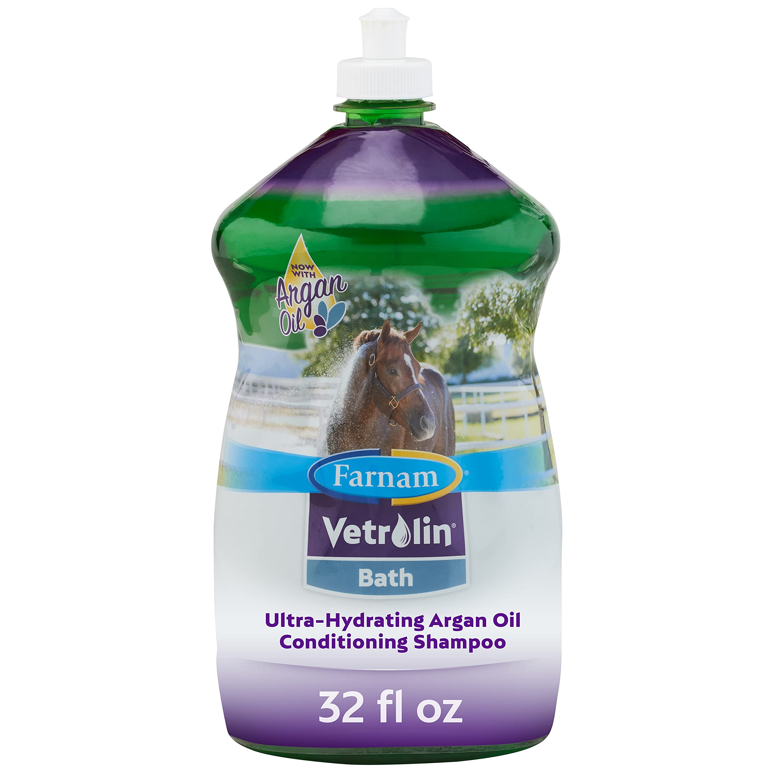Farnam Vetrolin Bath: botella vertido muestra uso suave y eficaz para el baño de caballos