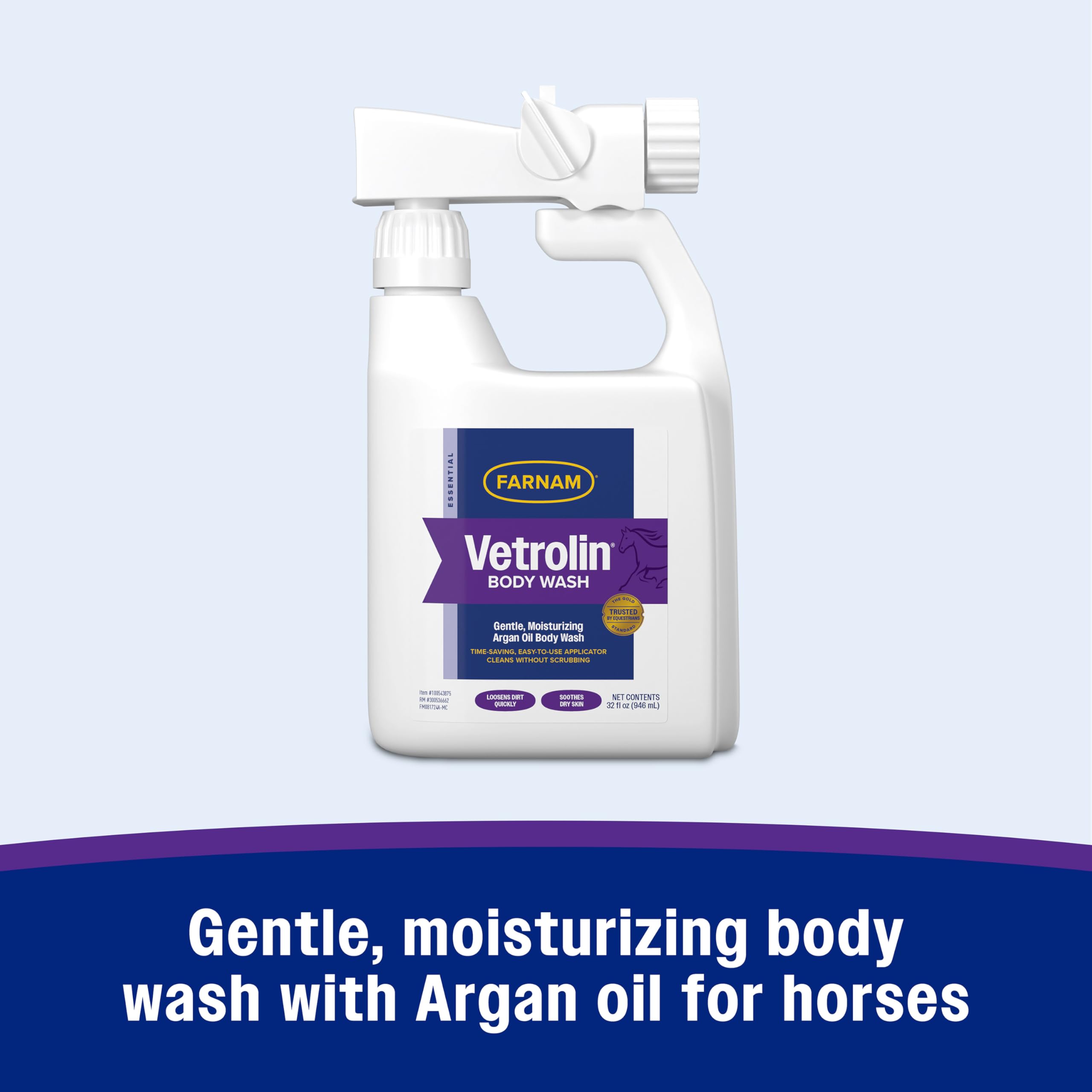 Aceite de argán en Farnam Vetrolin Body Wash aporta brillo al pelaje.