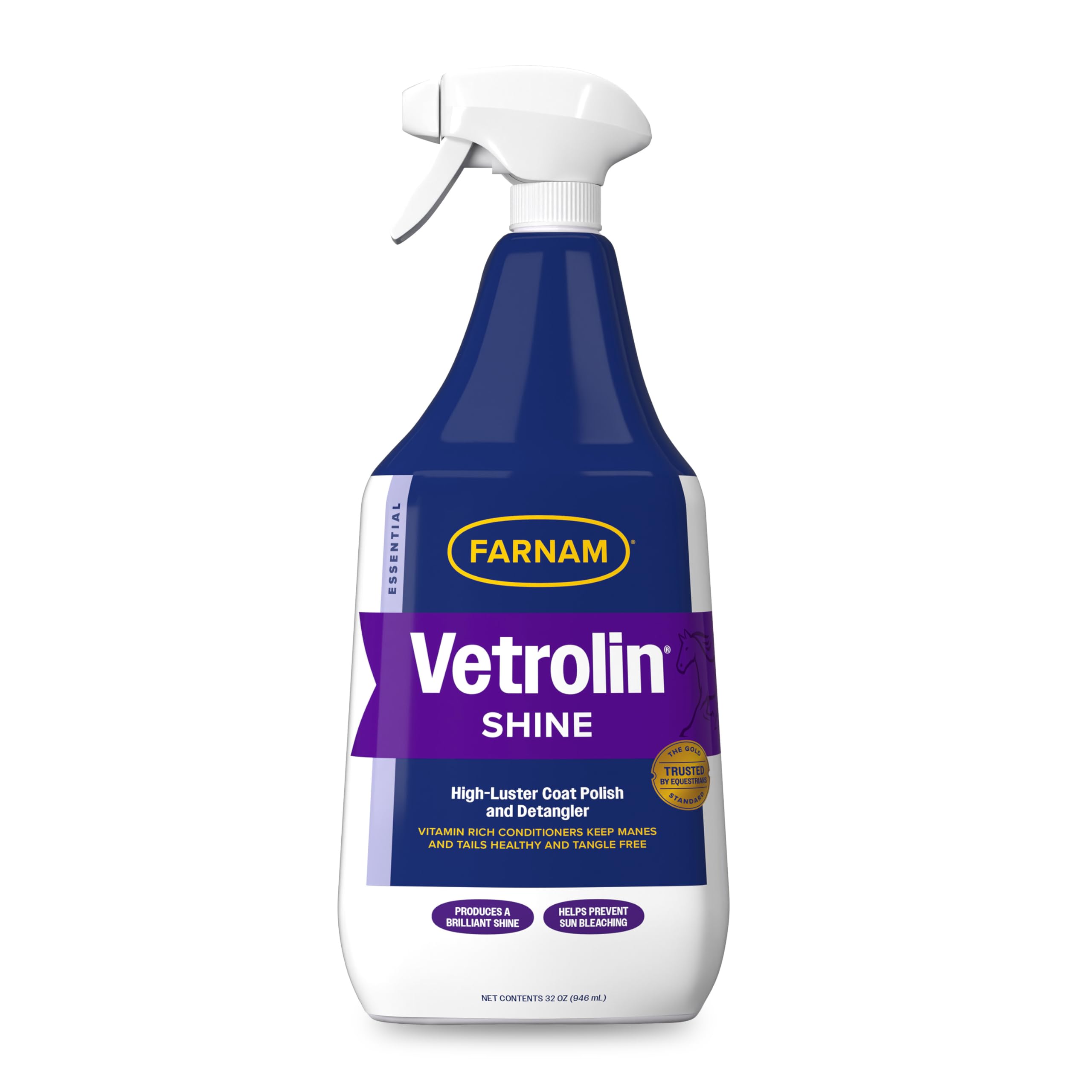 Farnam Vetrolin Shine en botella atomizador para brillo duradero en manto, crin y cola.