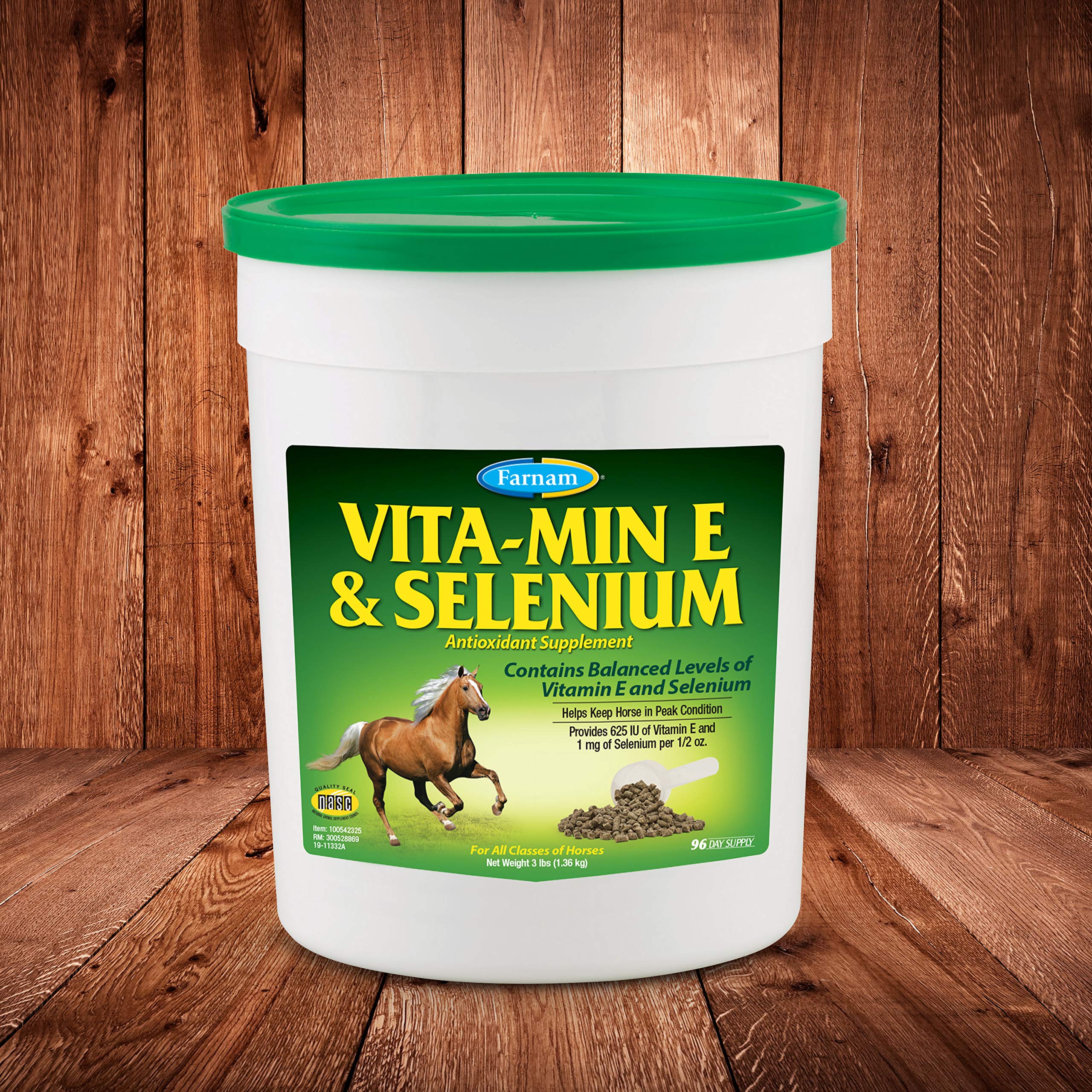 Farnam Vita-Min E & Selenium polvo para caballos, apoyo muscular durante entrenamientos.