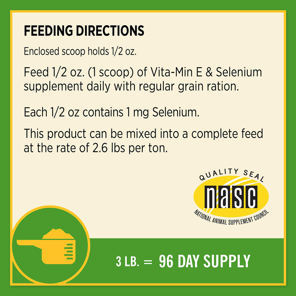 Dosis diaria Farnam Vita-Min E & Selenium para caballos en trabajo.
