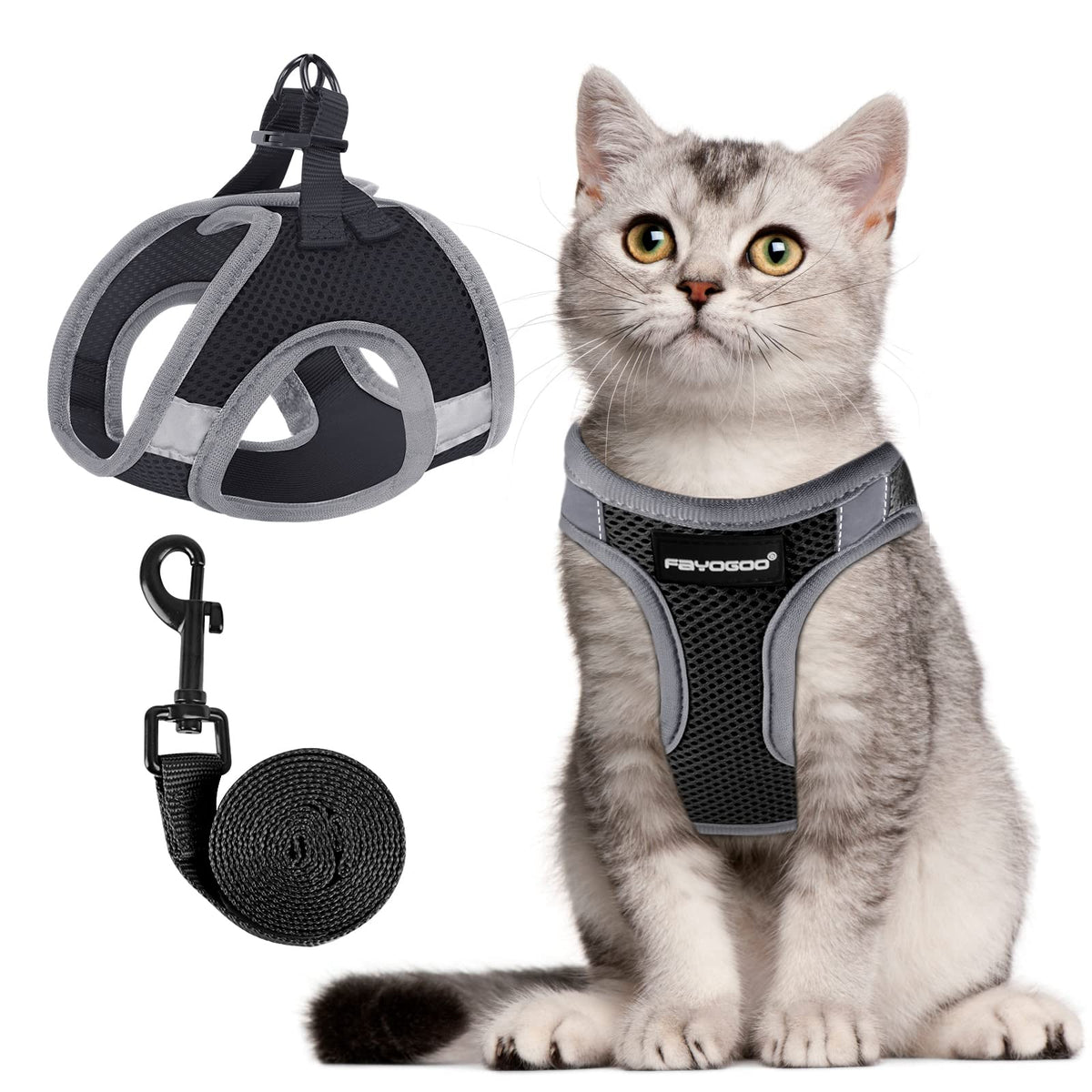 FAYOGOO arnés de gato XL negro, frente visible para seguridad durante paseos