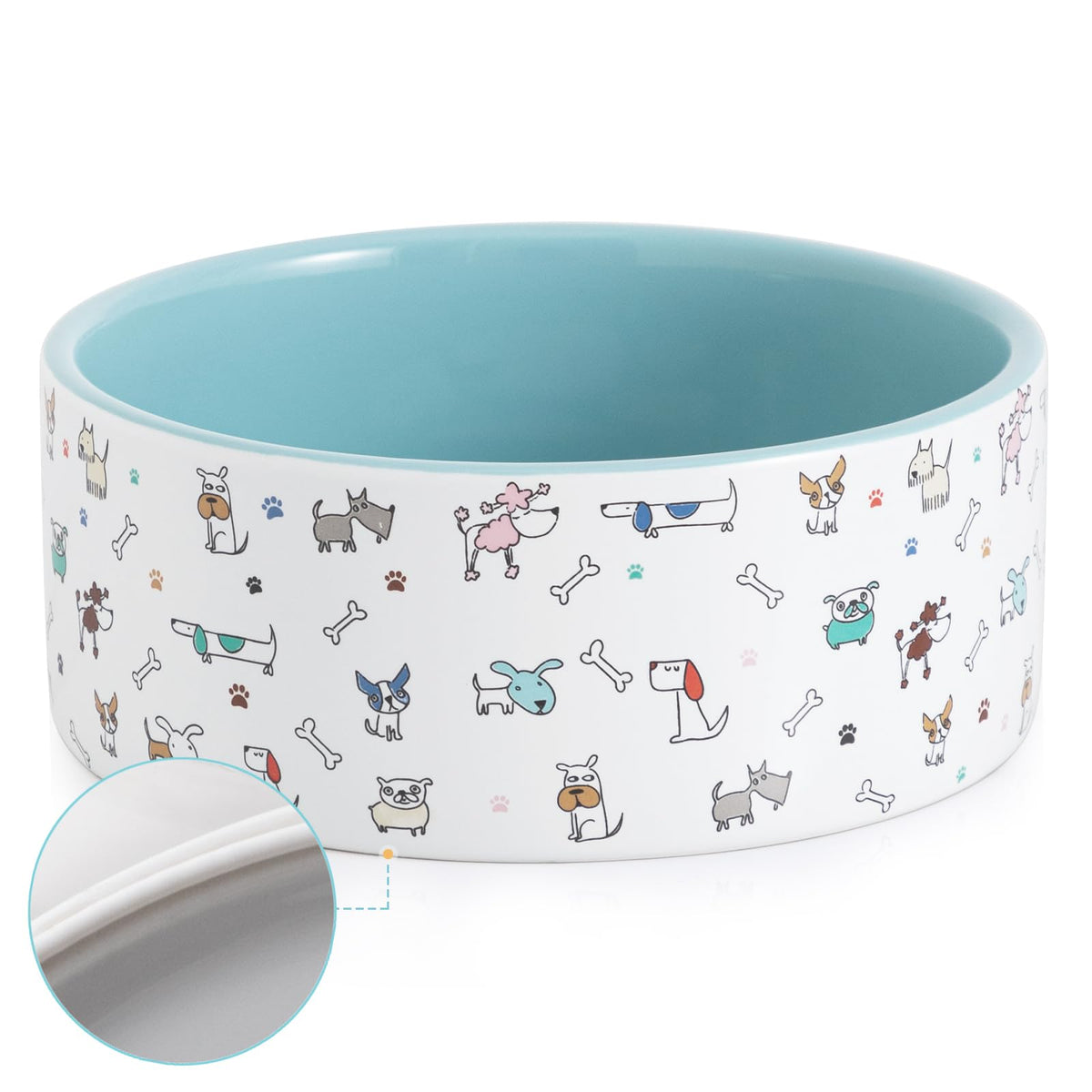Plato cerámico FE FUN ELEMENTS para perros grandes con interior azul y base estable.