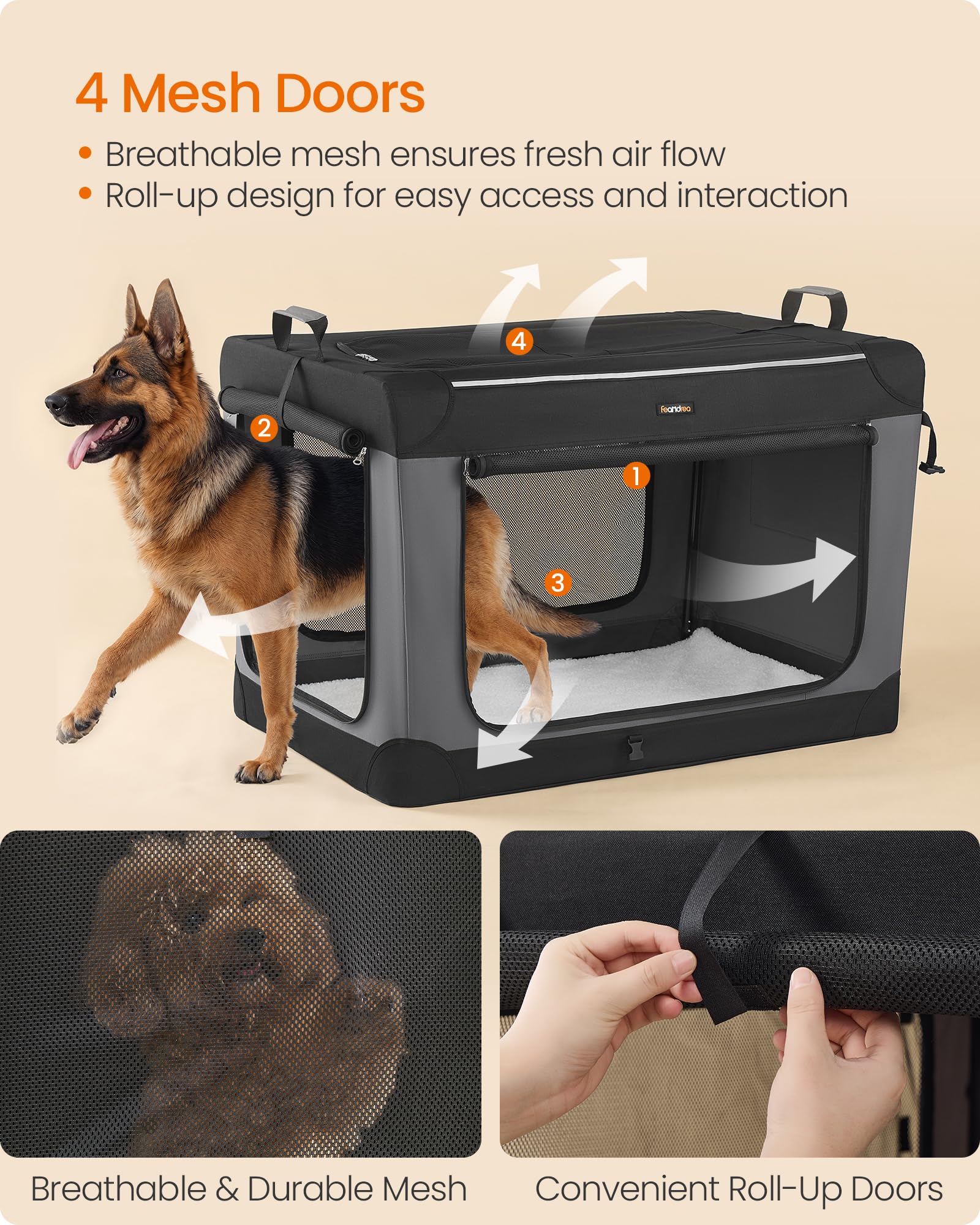 Feandrea caja para perro 42 pulgadas con bolsillo para almacenamiento y accesorios.