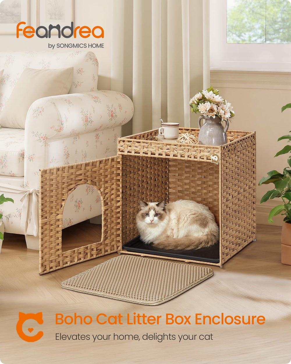 Feandrea mesita boho oculta con espacio para arena y decoración.