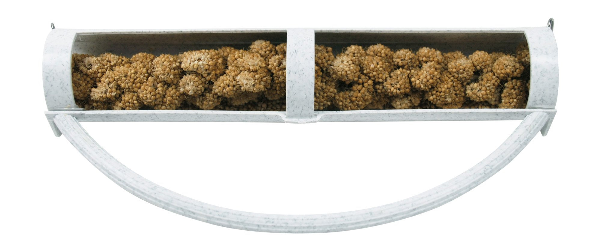 Feathersmart portador horizontal de mijo con gancho ajustable para fijación segura.