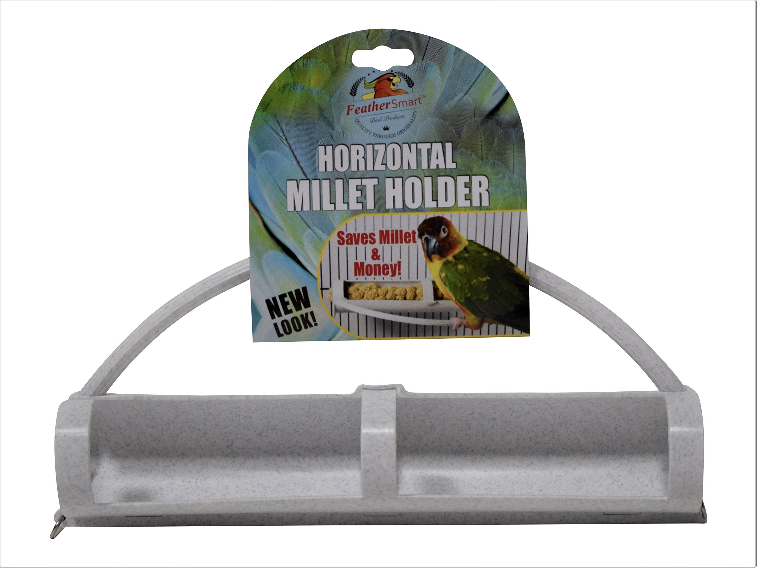 Feathersmart portador horizontal de mijo se afianza a jaula, compatible con superficies lisas.