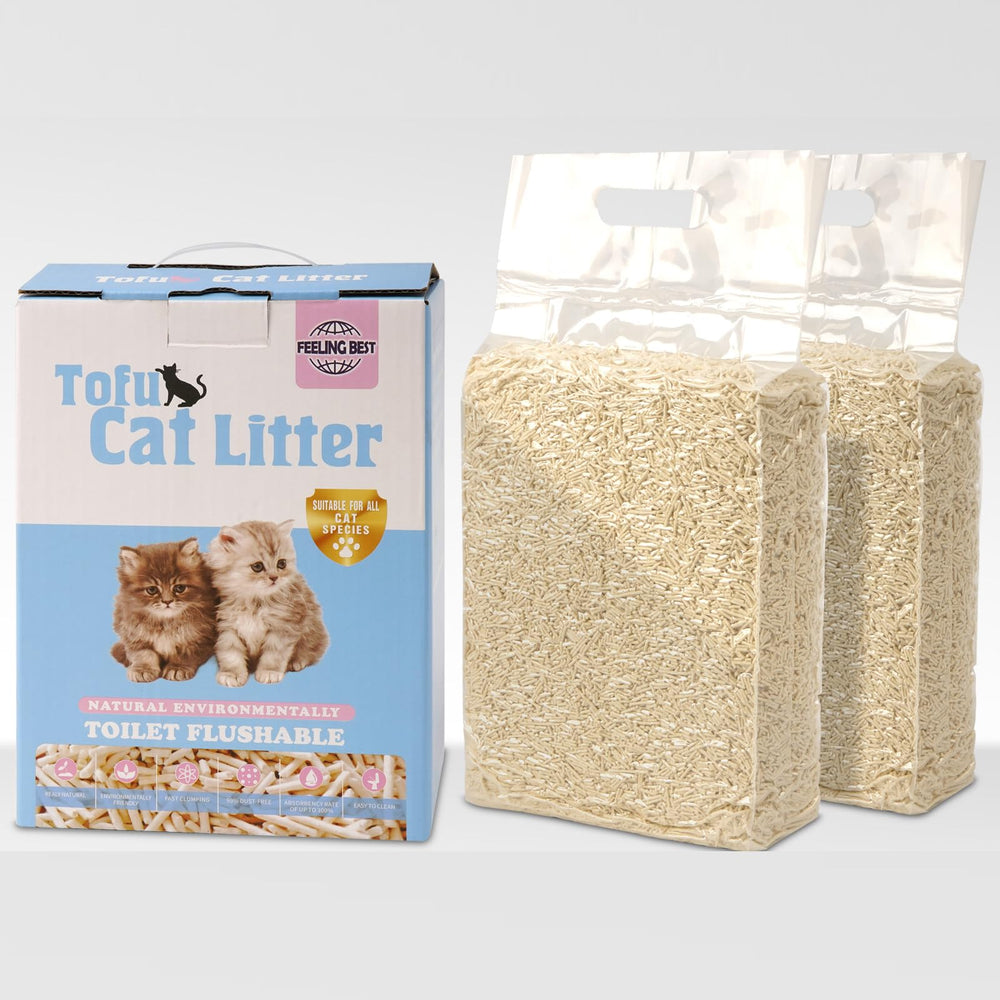 FEELING BEST tofu cat litter en doble bolsa, comodidad de almacenamiento.