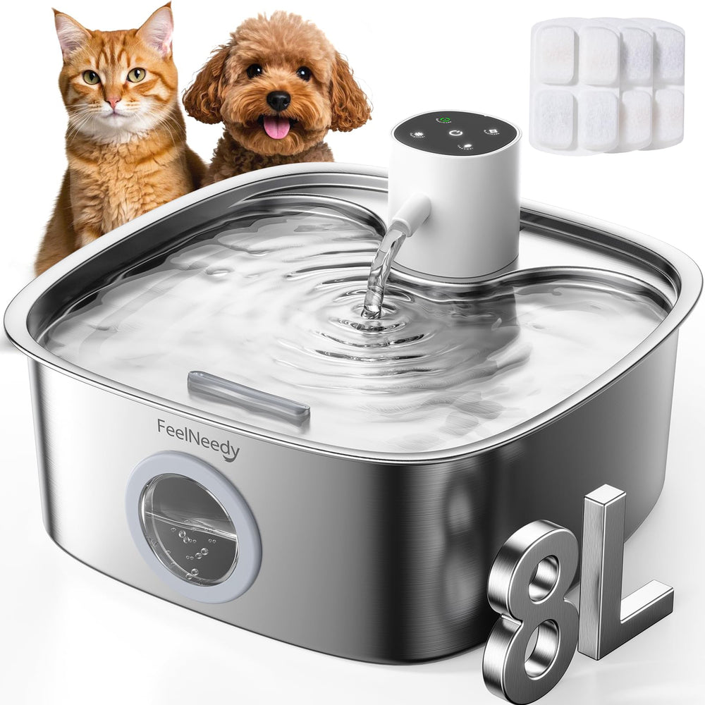 FEELNEEDY bebedero para perros, vista frontal y 8L, agua estable para varias mascotas.