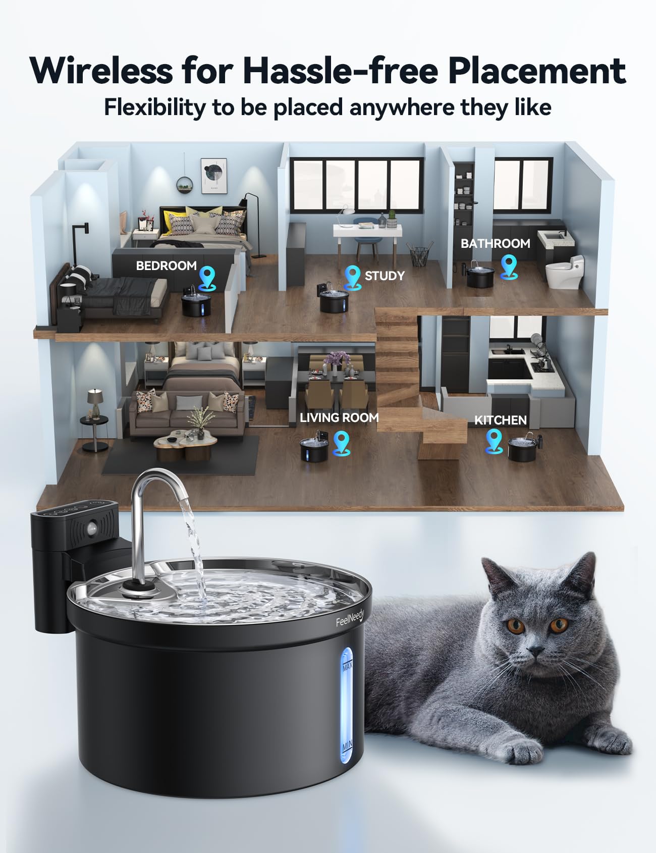 FEELNEEDY fuente de agua para gatos sin cables, ideal para uso en sala o dormitorio.