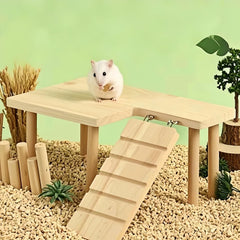 Feiena plataforma de madera para hamster, soporte para agua y comida integrado.