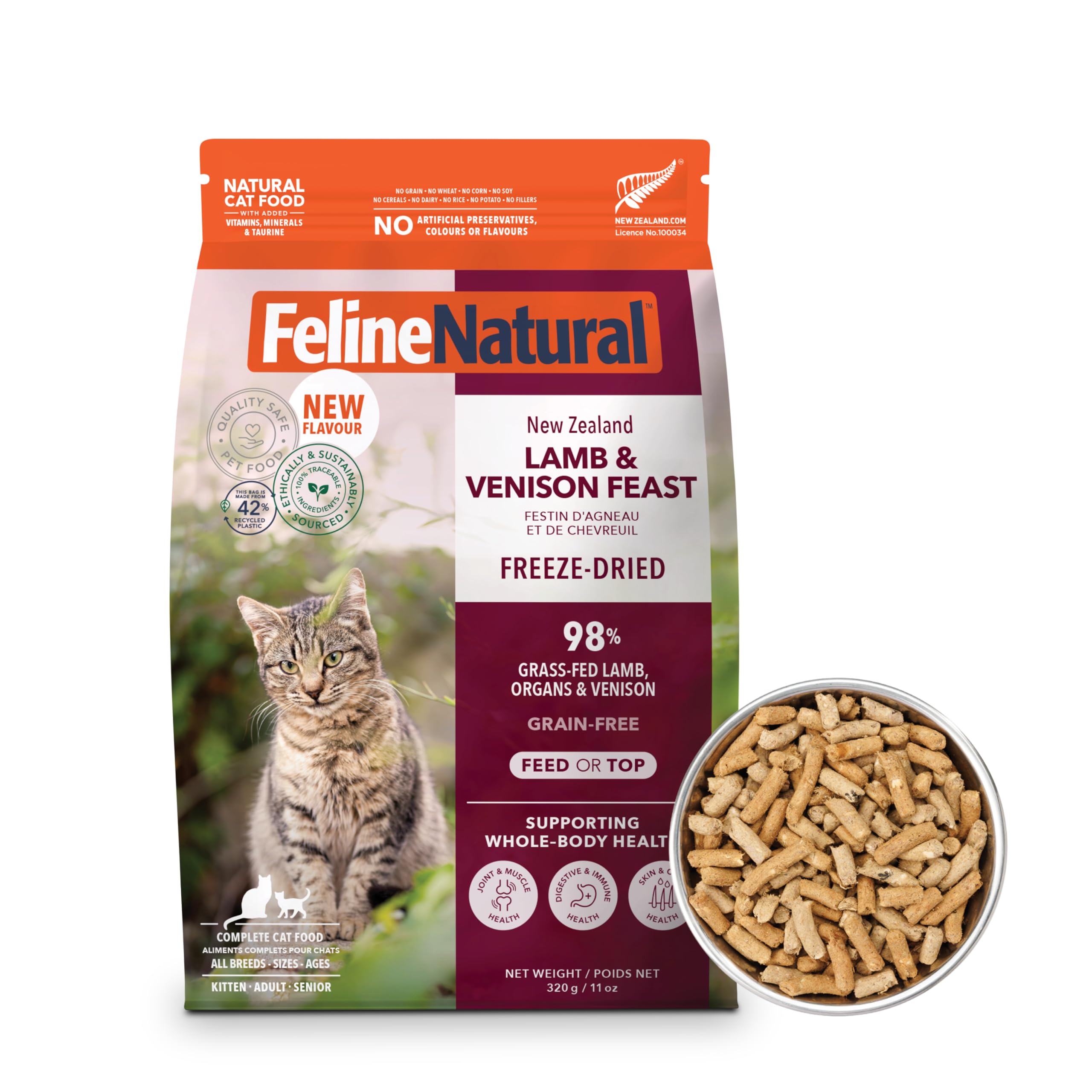 Feline Natural alimento liofilizado de cordero y venado para gatos activos.