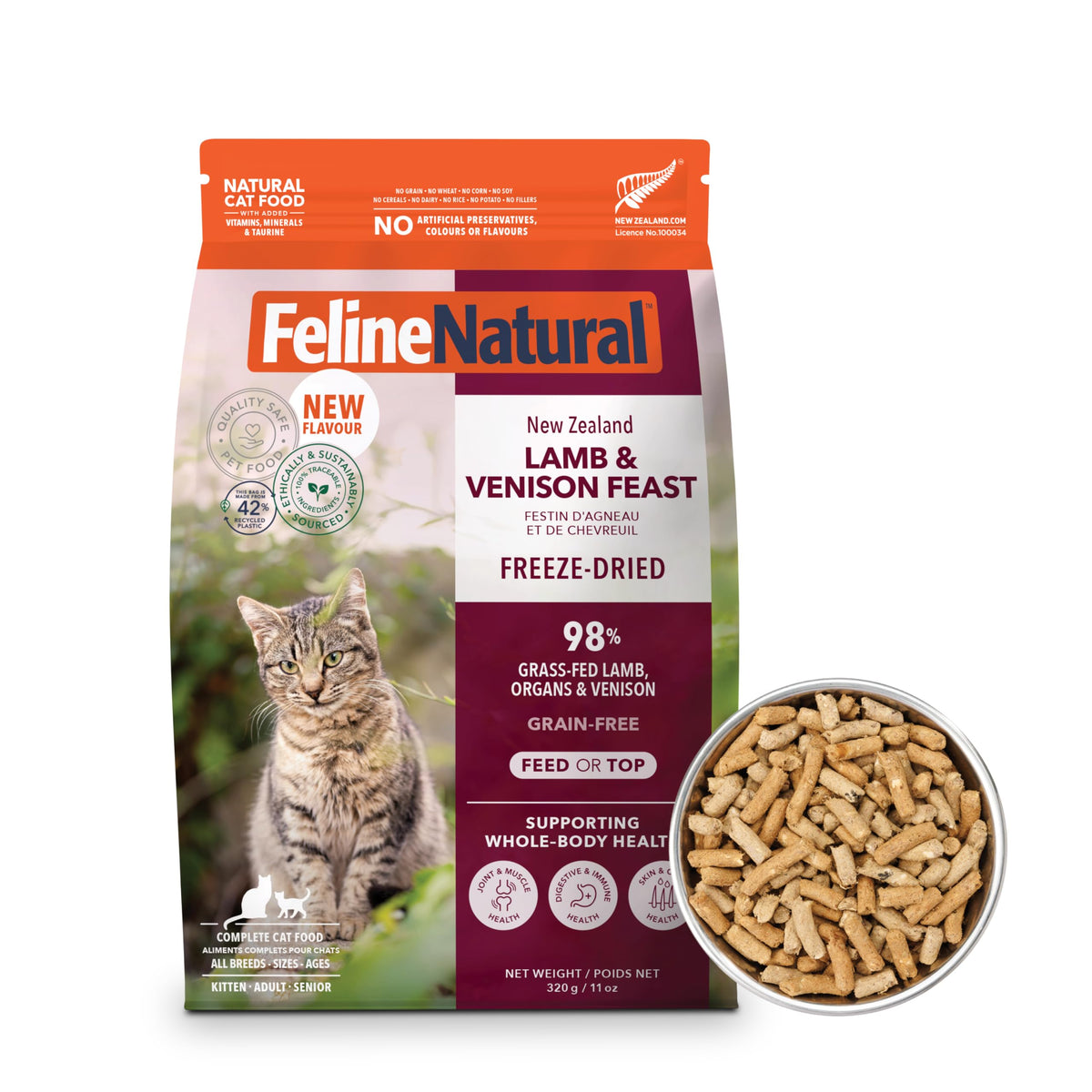 Feline Natural alimento liofilizado de cordero y venado para gatos activos.