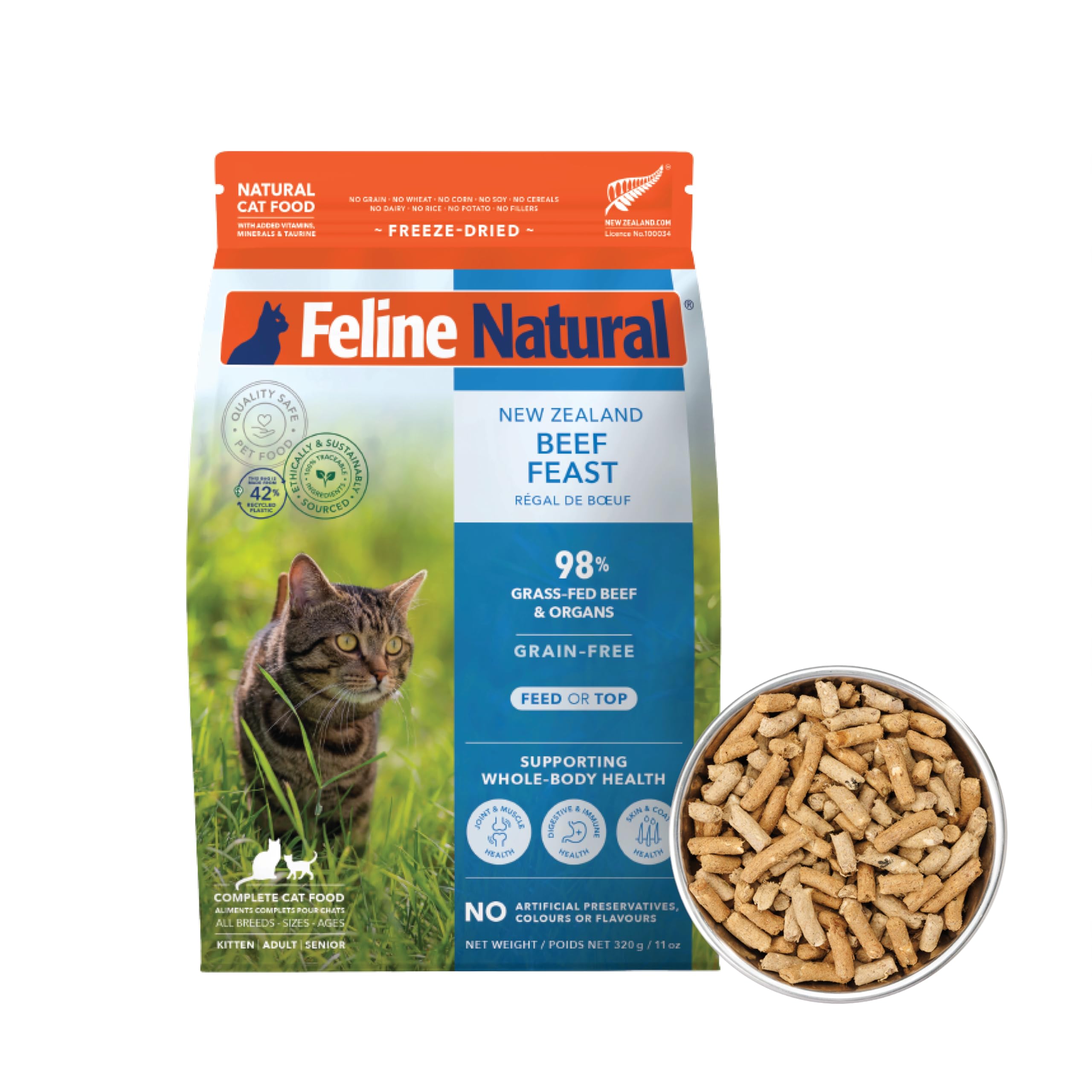 Feline Natural dieta alta proteína seca para gato ternera, ideal para gatos activos.