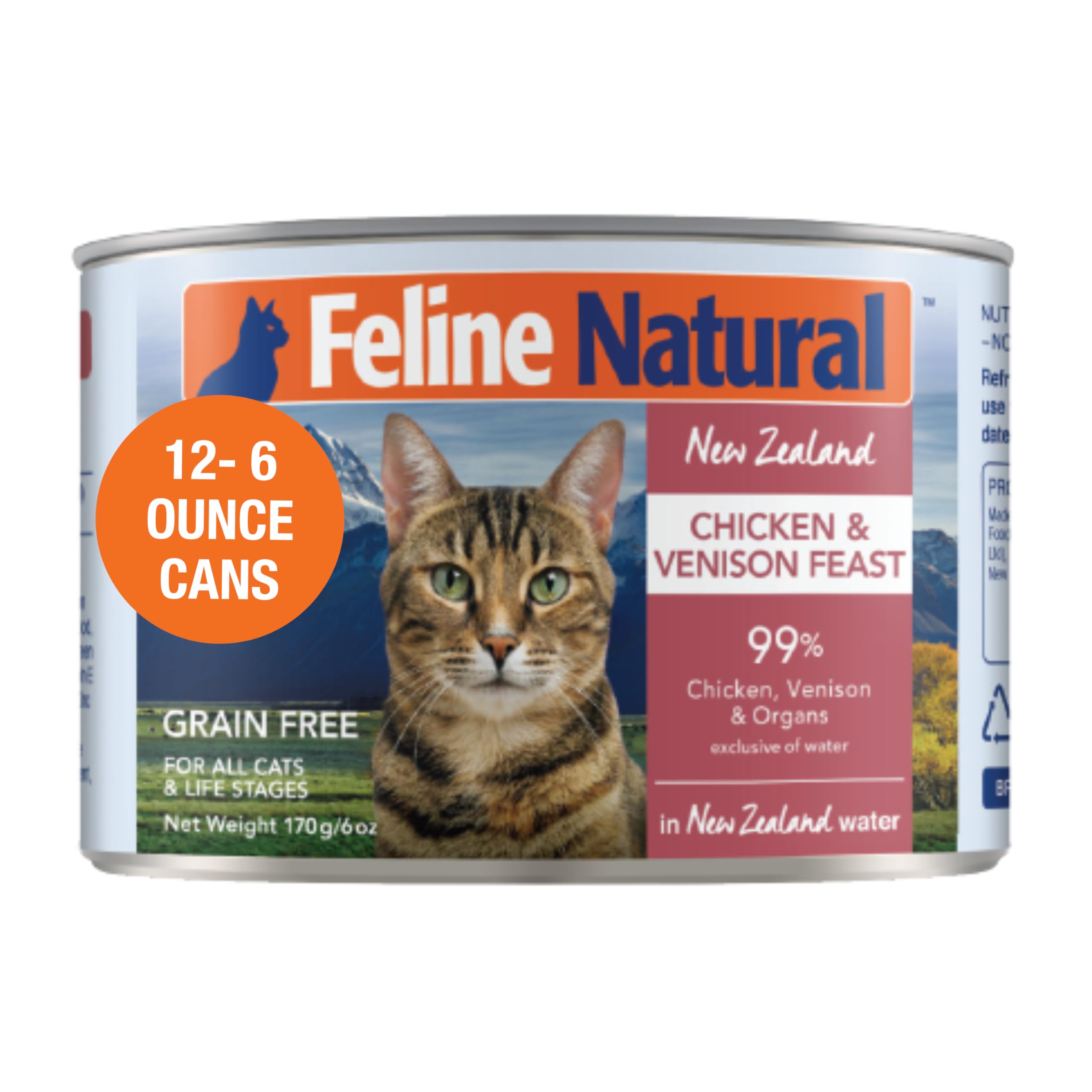 Lata de Feline Natural Nueva Zelanda con pollo y ciervo, opción de comida húmeda completa.
