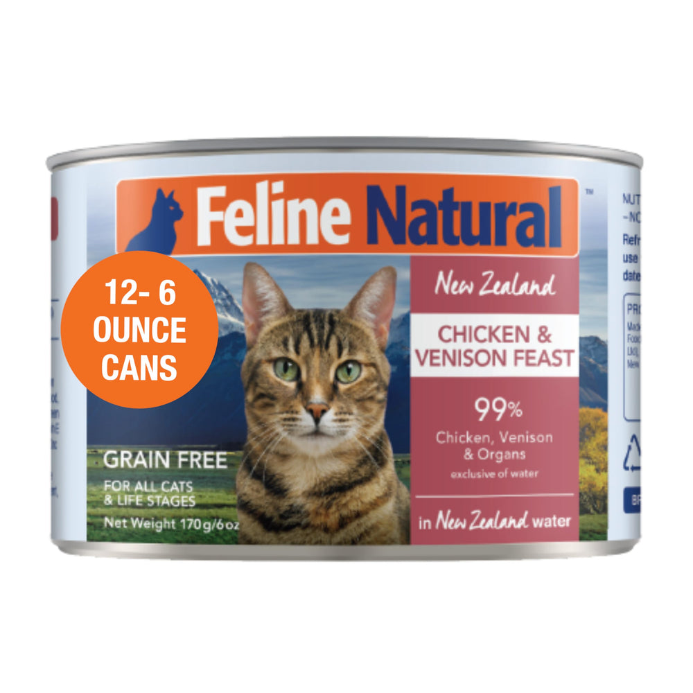 Lata de Feline Natural Nueva Zelanda con pollo y ciervo, opción de comida húmeda completa.