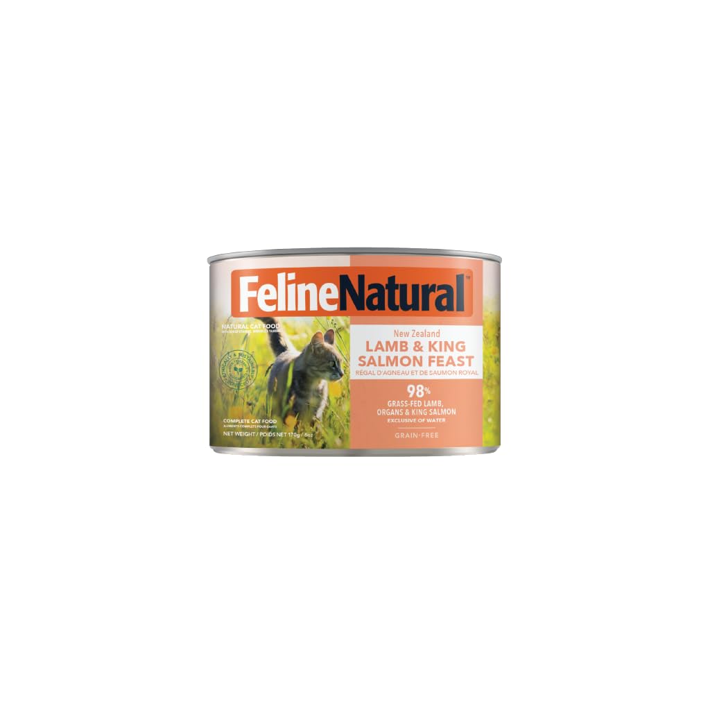 Feline Natural lata cordero y salmón, proteína real para gatos activos.