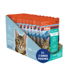 Feline Natural pate-gato hoki-beef en bolsa, alimento húmedo alto en proteína para gatos.