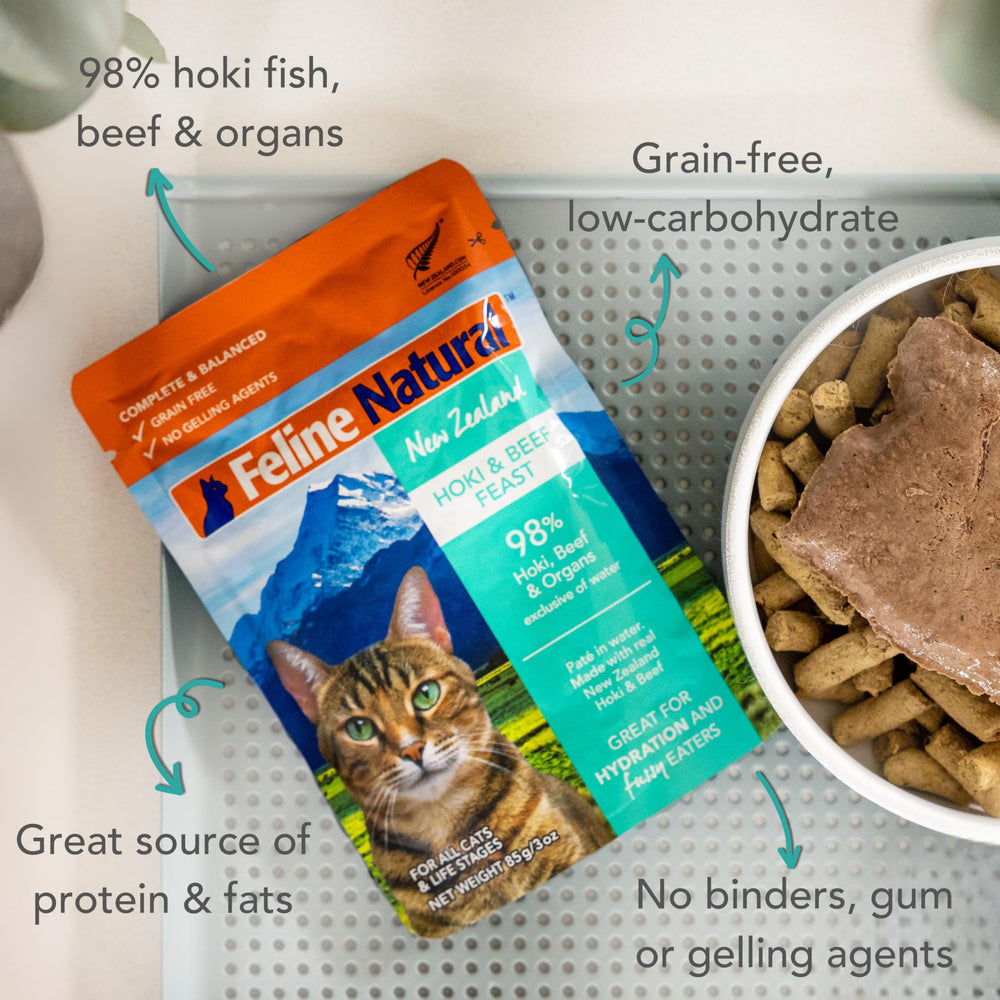 Feline Natural pate-gato hoki-beef, ingredientes naturales para comida sabrosa y equilibrada.