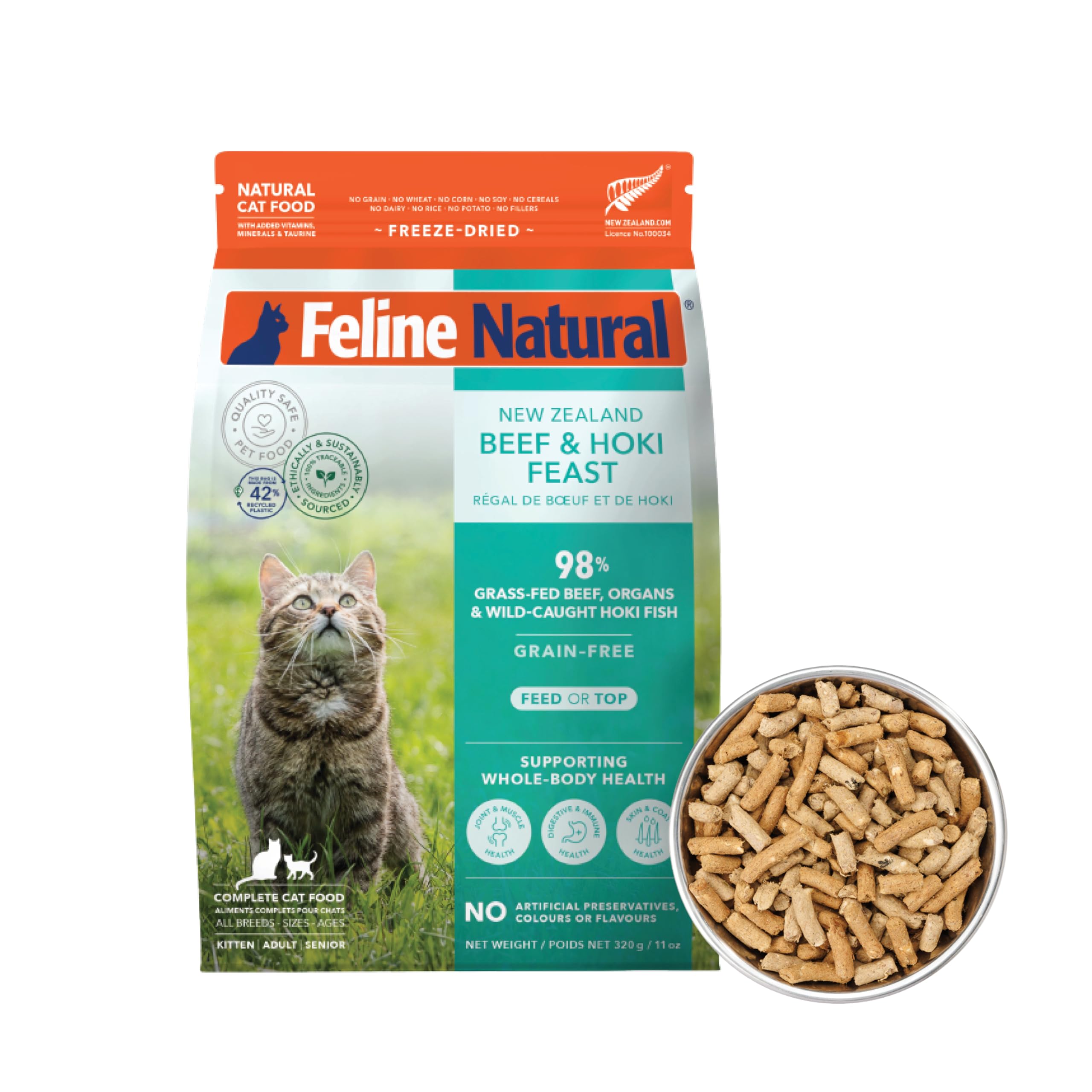 Feline Natural: alta proteína de res y hoki, opción natural para gatos.