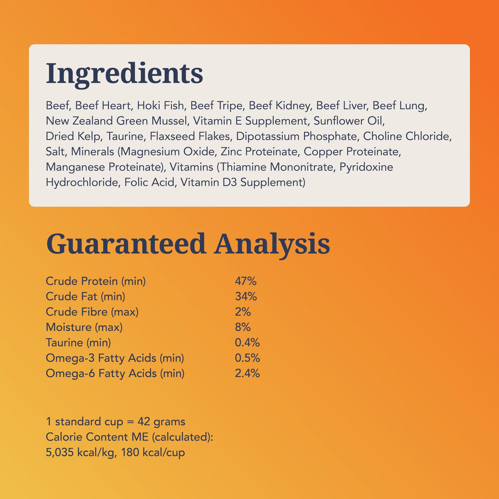 Feline Natural: res y hoki, ingredientes principales de la fórmula.
