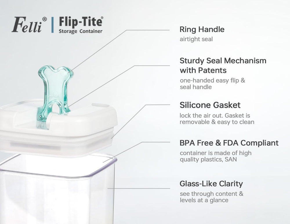 Diseño apilable de Felli Flip Tite optimiza el espacio en despensa.