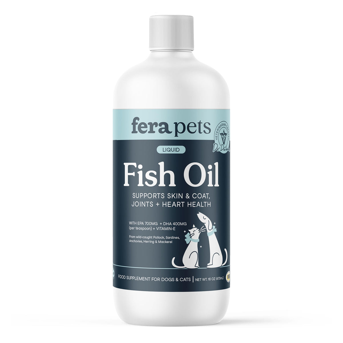 Fera Pets aceite de pescado, botella vertiendo, para añadir a la comida diaria.