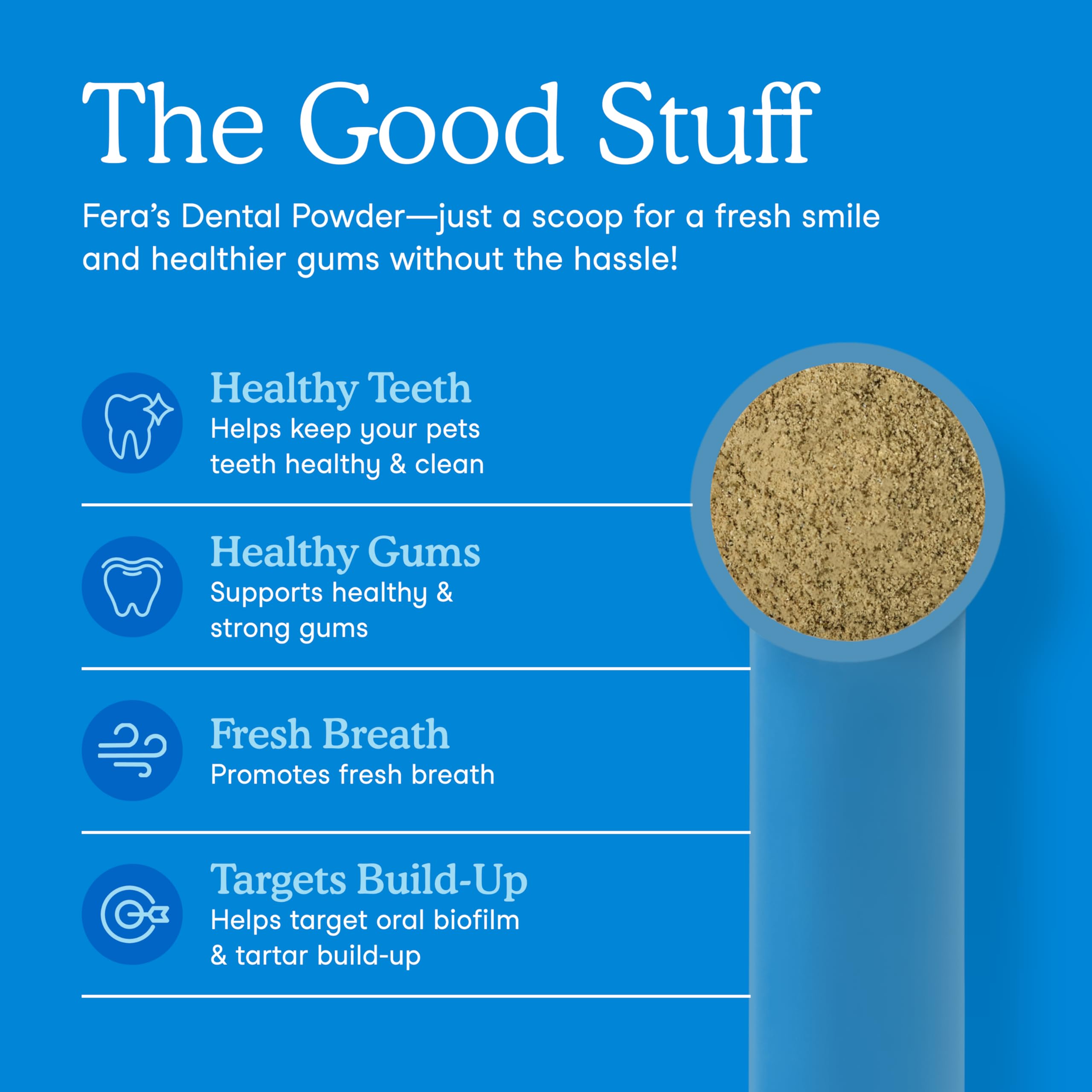Cuchara incluida para dosificación fácil de Fera Pets Polvo Dental