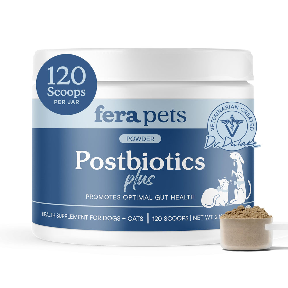 Fera Pets postbióticos y prebióticos en bote para apoyar la digestión suave.