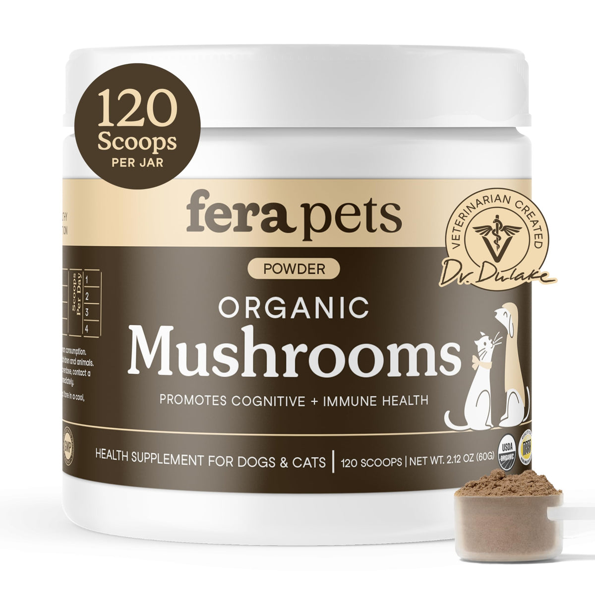 Fera Pets frasco de suplemento de hongos en polvo para perros y gatos, apoya la salud inmune