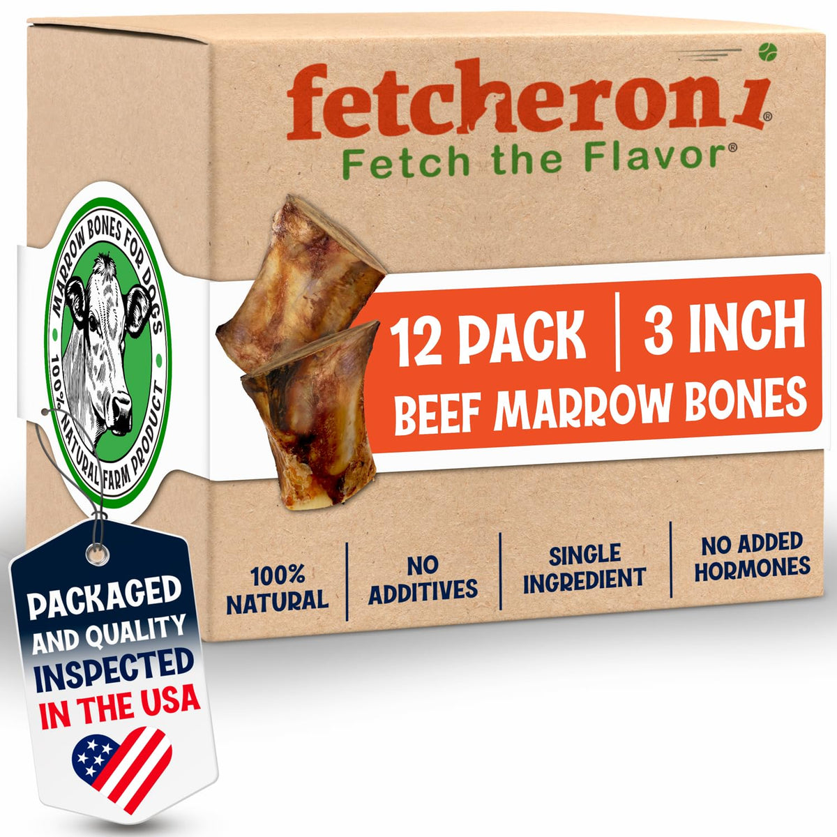 Fetcheroni hueso relleno con médula para perros de 3 pulgadas, sabor delicioso y masticación prolongada.
