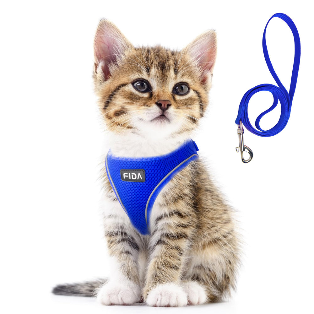 Arnés Fida para gatos azul XXXS, cómodo para paseos diarios.