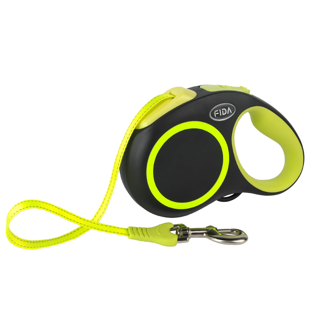 Correa retráctil Fida para perros, 16 ft, color neón amarillo, alta visibilidad nocturna.