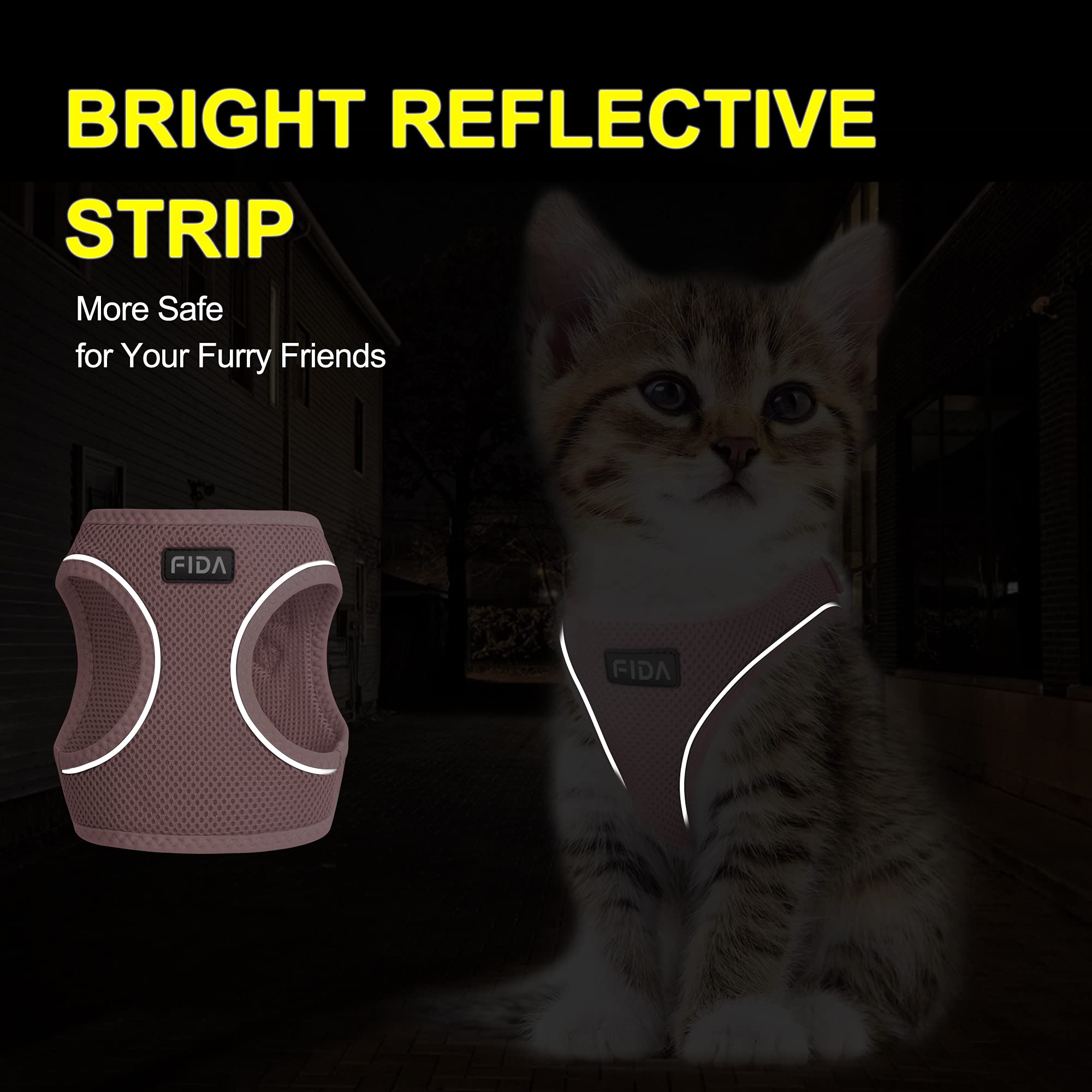 Harnais Fida pour chat rose, design facile à enfiler pour les sorties.