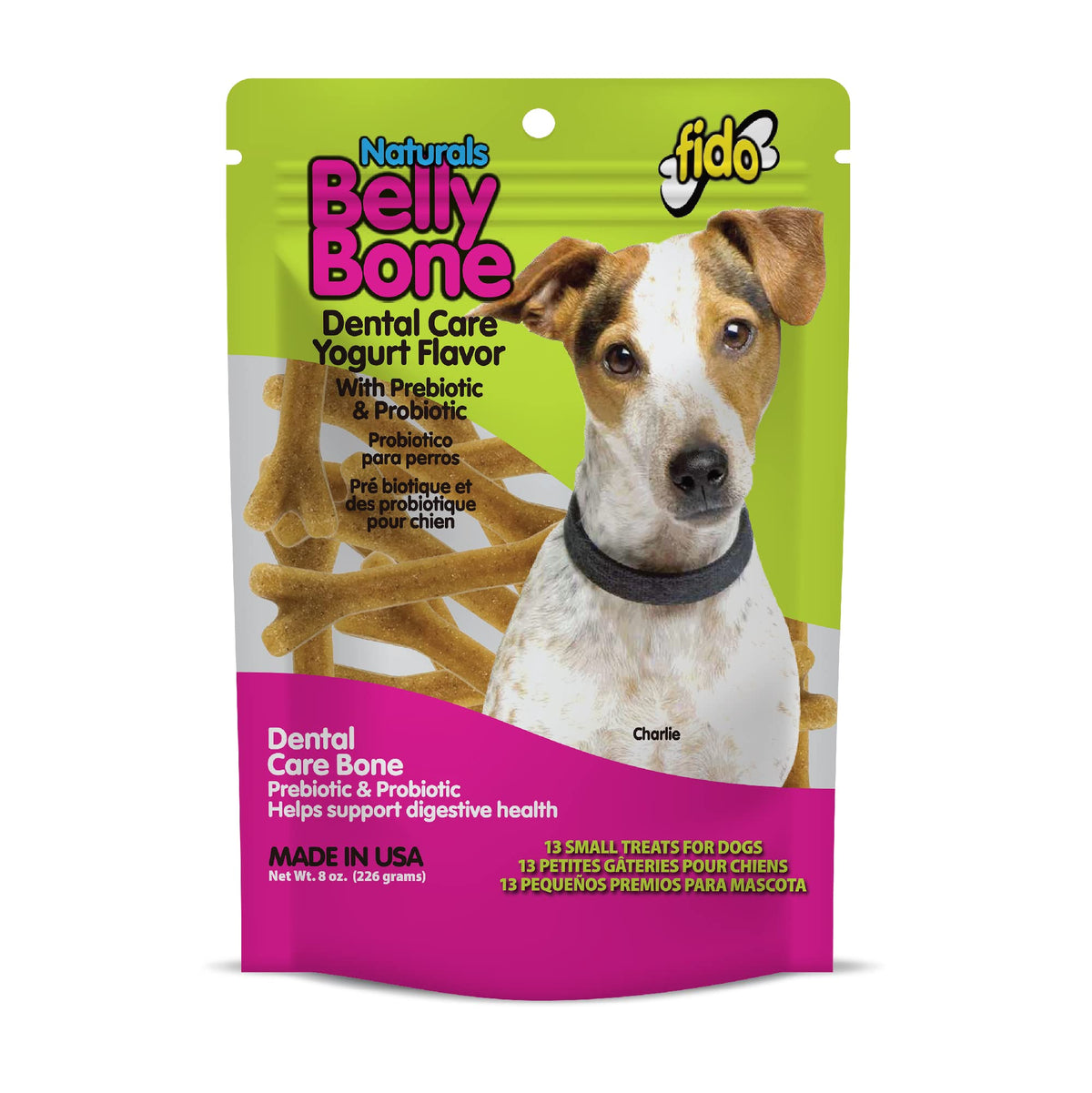 Fido Belly Bone en empaque práctico para uso diario.
