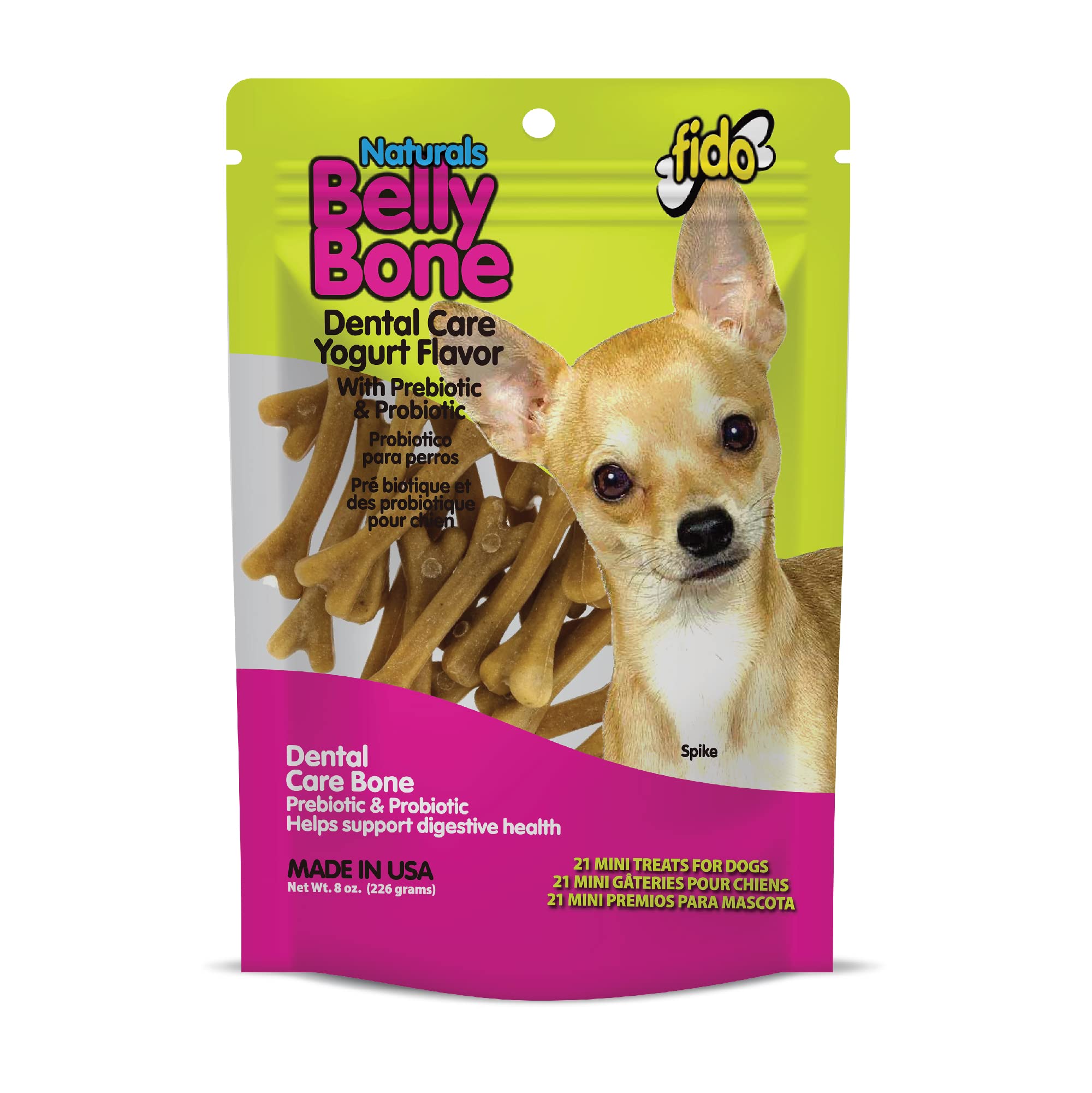 Fido Belly Bones Mini Yogur, primer plano dental para perros pequeños.