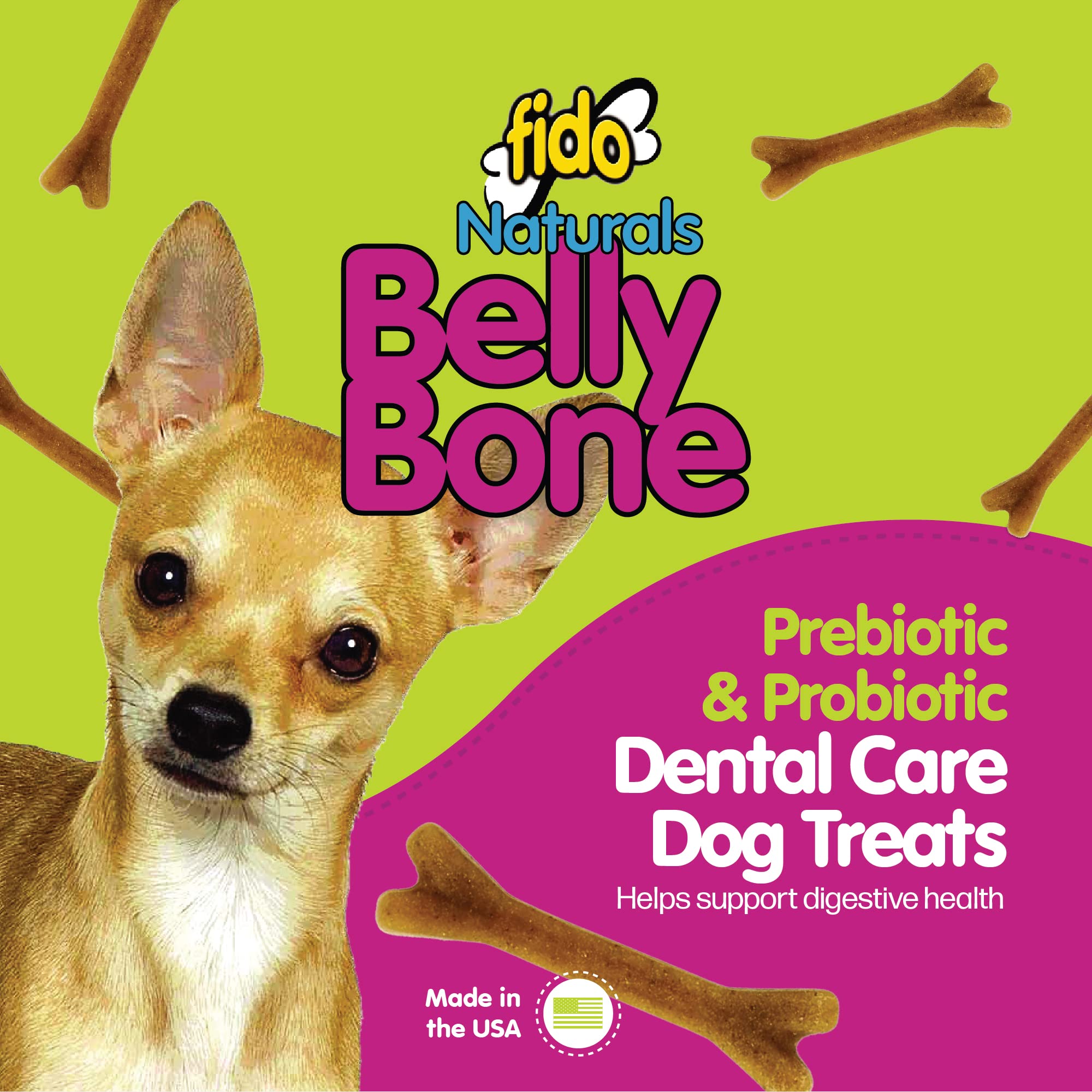 Fido Belly Bones Mini Yogur: perro sosteniendo un hueso para masticar.